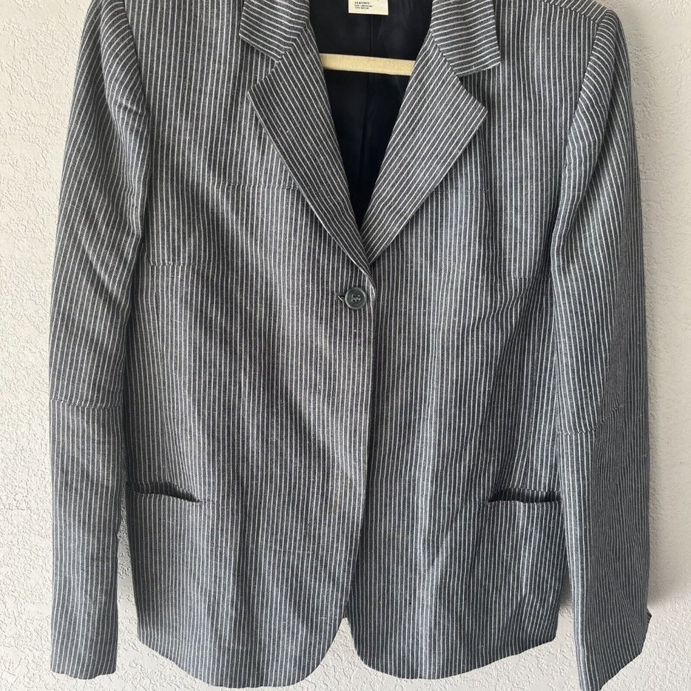 Harve Bernard Blazer Womens 10 Gray&white Pinstripe Linen Rayon Blazer